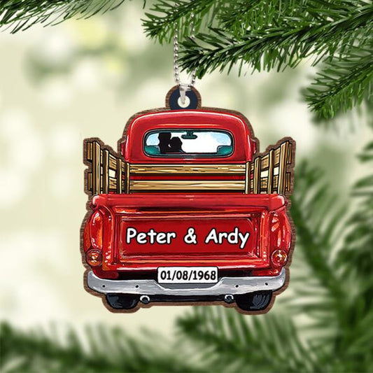 Personalized Couple Red Truck Name&Date Wooden Ornament