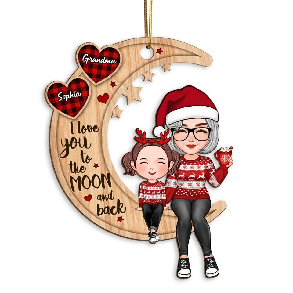 Cute Grandma & Grandkid Checkered Pattern Heart Love To The Moon Gift For Granddaughter Grandson Personalized Wooden Ornament