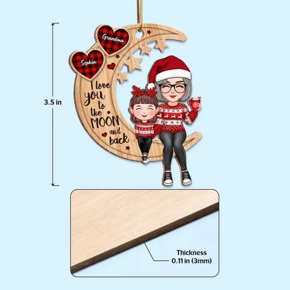 Cute Grandma & Grandkid Checkered Pattern Heart Love To The Moon Gift For Granddaughter Grandson Personalized Wooden Ornament