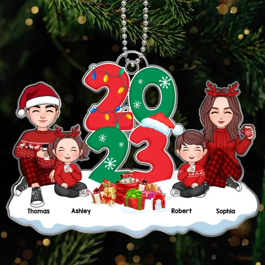 Cute Family Dad Mom Kids Dogs Cats Sitting By 2023 Christmas Personalized Acrylic Ornament