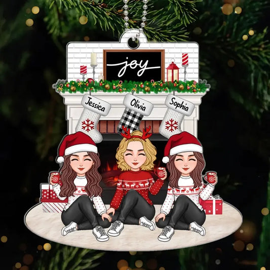 Cute Besties Sisters Sitting At Christmas Fireplace Gift For Best Friends Sisters Personalized Acrylic Ornament