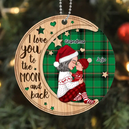 Checkered Pattern Grandma Mom Holding Kid Side View Personalized Wooden Ornament