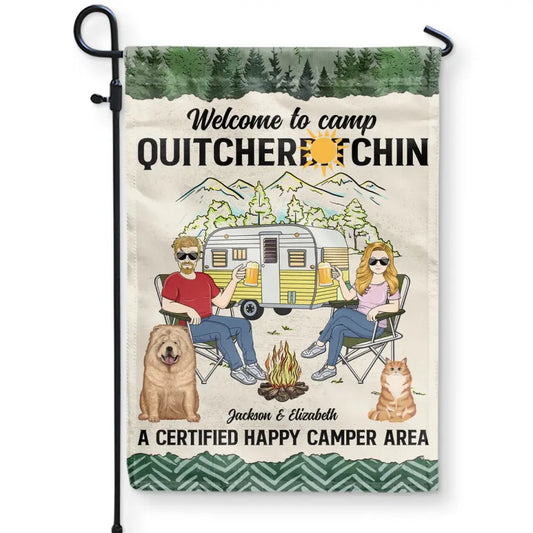 Camping Couple & Pets Certified Happy Camper Area - Gift For Camping Lovers - Personalized Flag