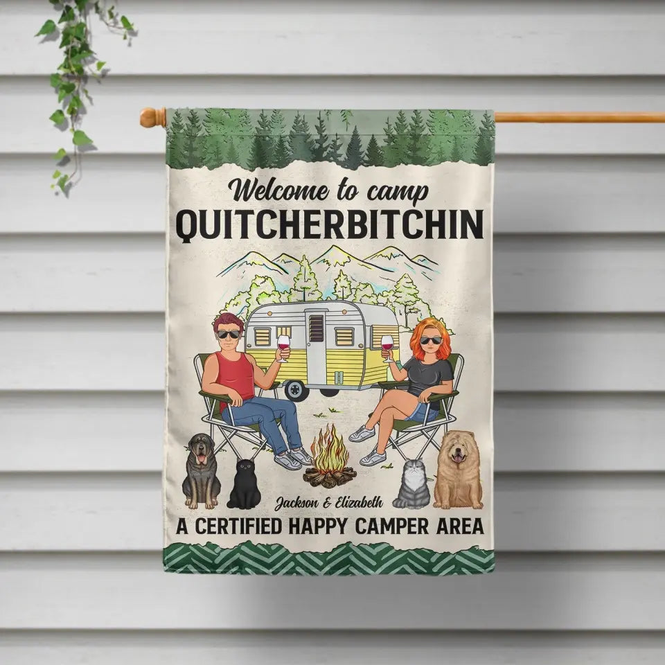 Camping Couple & Pets Certified Happy Camper Area - Gift For Camping Lovers - Personalized Flag