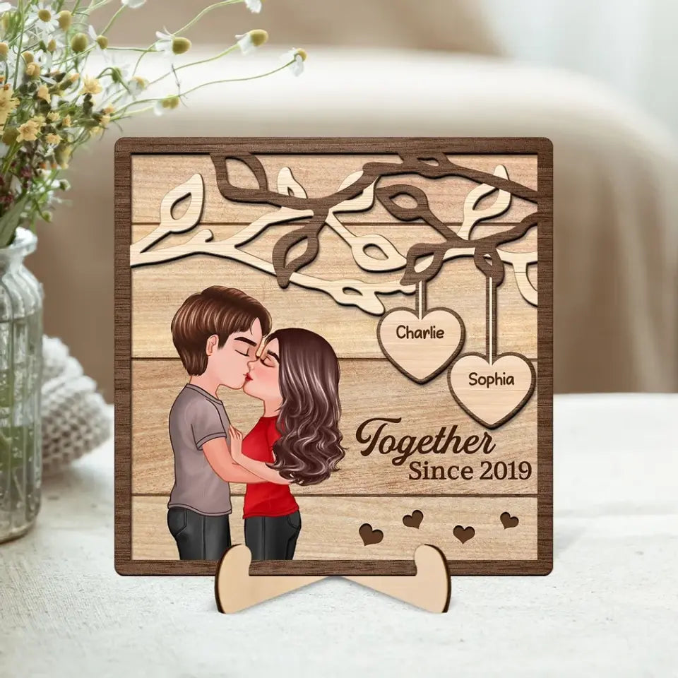 Couple Kissing Under Tree Personalized 2-Layer Wooden Plaque