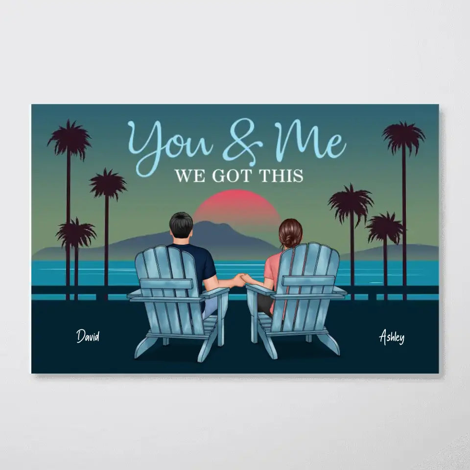 Back View Couple Sitting Beach Landscape Retro Personalized Horizontal Poster