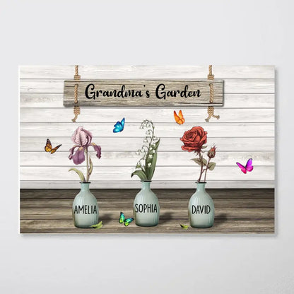 Grandma‘s Garden Birth Month Flowers Pots Personalized Horizontal Poster, Mother's Day Gift For Grandma, Mom, Auntie