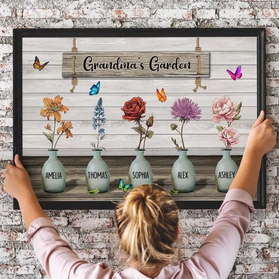 Grandma‘s Garden Birth Month Flowers Pots Personalized Horizontal Poster, Mother's Day Gift For Grandma, Mom, Auntie