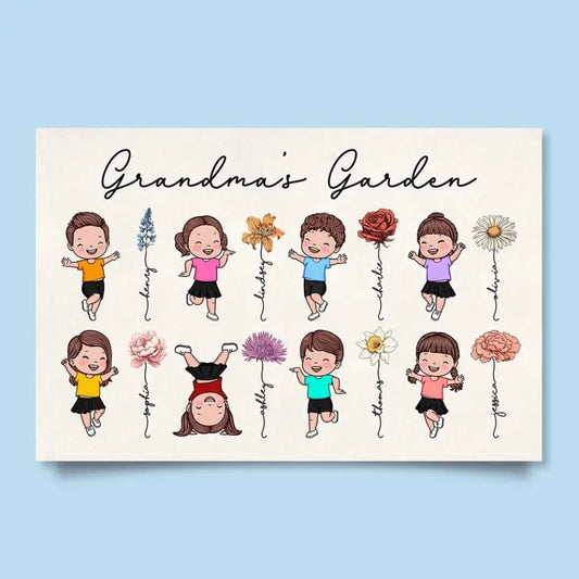 Grandma's Garden Cute Jumping Grandkids Personalized Poster