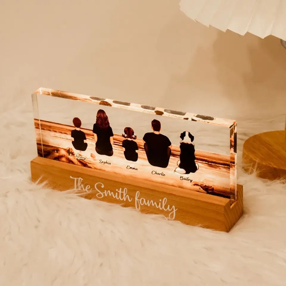 Family Sitting Back View Retro Vintage Beach Landscape Acrylic LED Night Light, Father's Day Gift For Dad, For Grandpa, For Husband