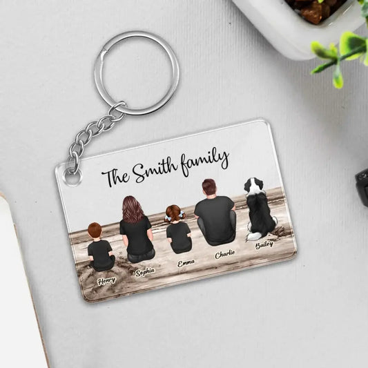 Family Sitting Back View Retro Vintage Beach Landscape Acrylic Keychain, Father's Day Gift For Dad, For Grandpa