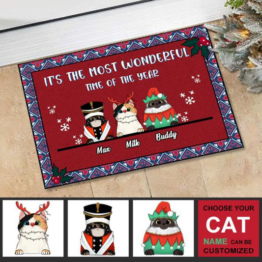 It's The Most Wonderful Time Of The Yearv- Christmas Funny Personalized Cat Decorative Mat(Up to 5 Cats)