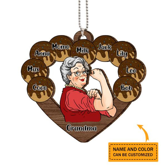 Personalized Grandma with Donut Heart Shaped Wooden Ornament