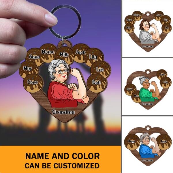 Personalized Grandma with Donut Heart Shaped Wooden Keychain