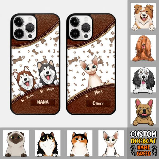Personalized Dog&Cat Mom Pet Lover Zipper Texture Leather Phone Case