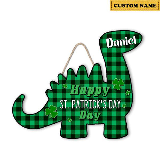 Happy St. Patrick's Day - Personalized Funny Dinosaur Shaped Door Sign