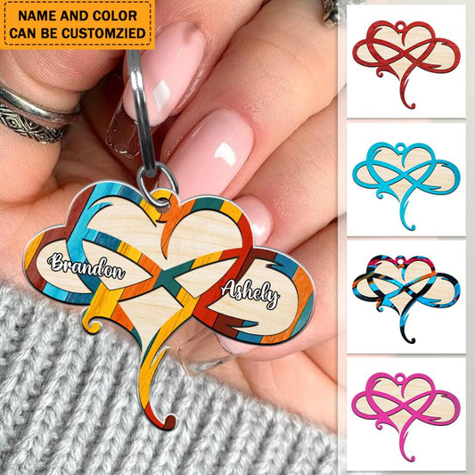 Personalized Infinity Heart Couple Gift Custom Name&Color Wooden Keychain