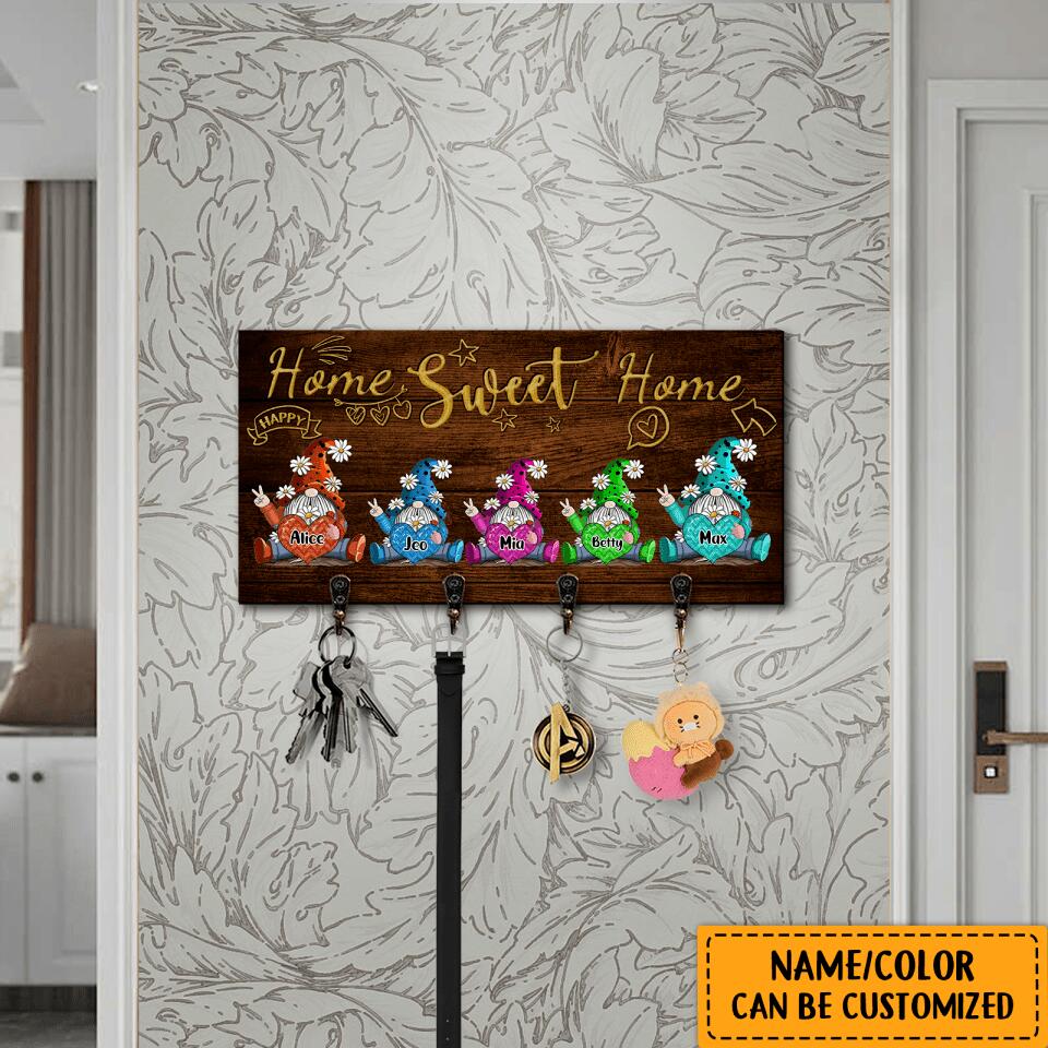 Home Sweet Home - 2-5 Names Personalized Gnomes Gift for Family Wooden Key Hanger