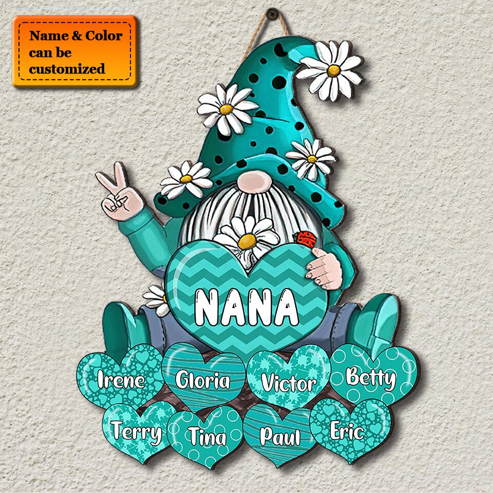 Personalized Gnomes With Hearts Grandma And Grandkids Custom Name Wooden Wall Sign