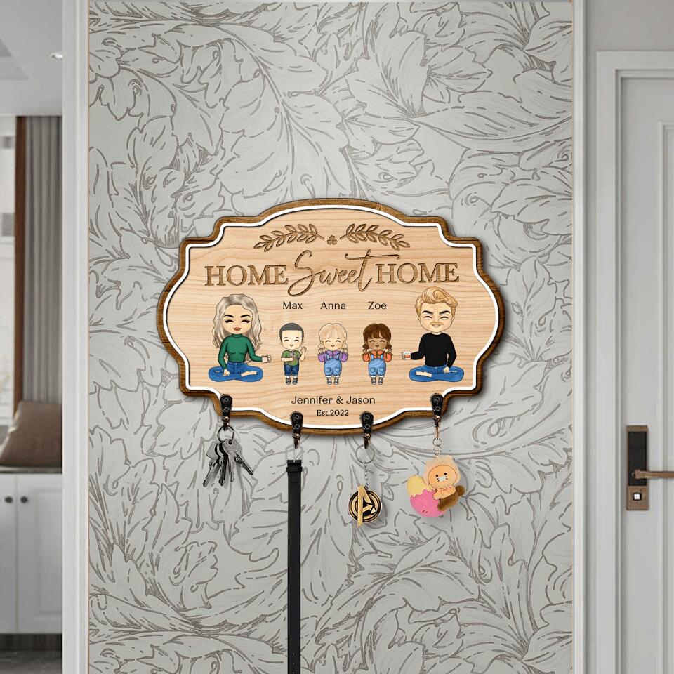 Home Sweet Home - Personalized Parents & Kids Gift For Family, Husband Wife Wooden Key Hanger