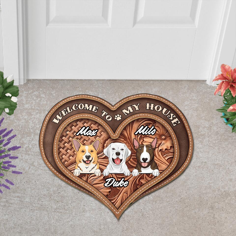 Welcome To Our House - Personalized Heart Shape Custom Dog Breed&Name Door Mat (Up To 3 Dogs)