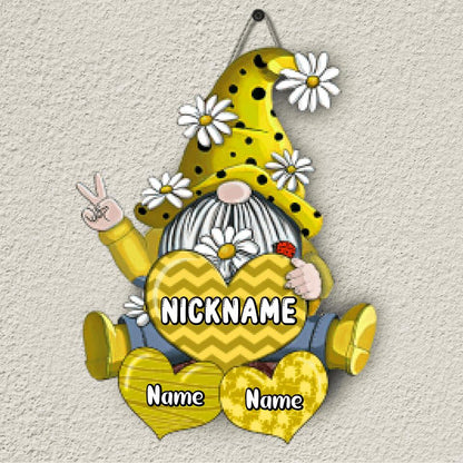Personalized Gnomes With Hearts Grandma And Grandkids Custom Name Wooden Wall Sign
