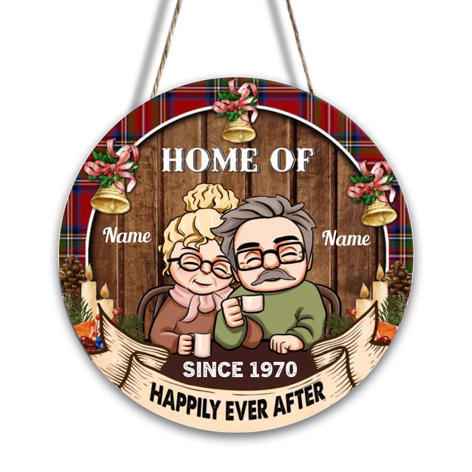 Home Of Us - Personalized Christmas Couple Round Wooden Door Sign