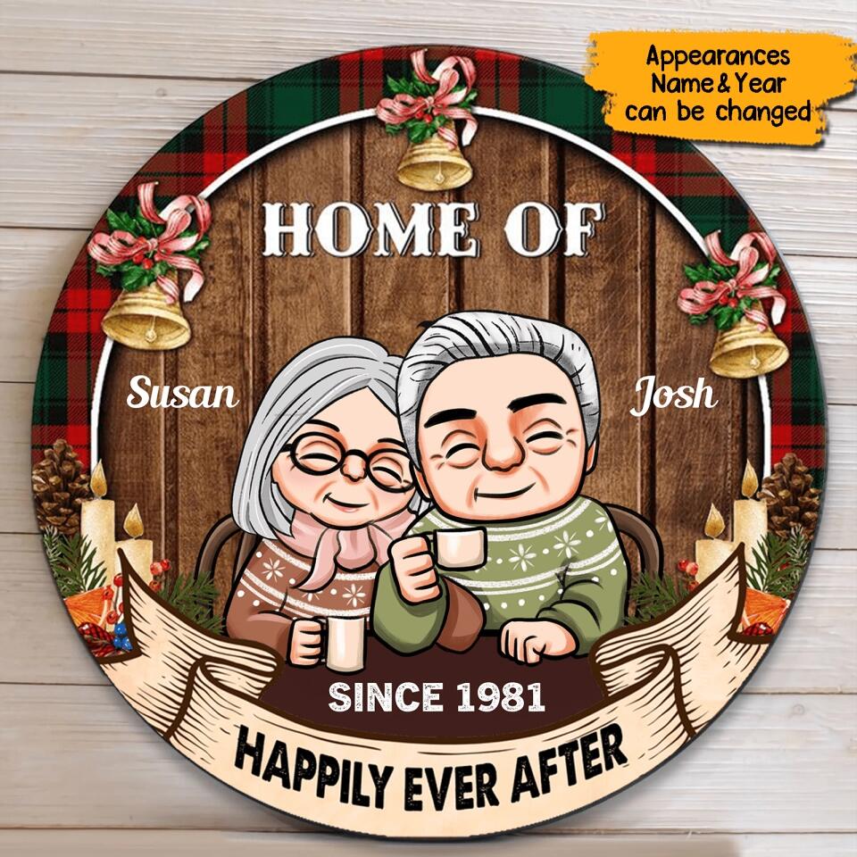 Home Of Us - Personalized Christmas Couple Round Wooden Door Sign