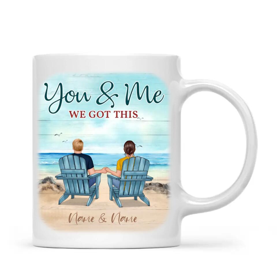 Back View Couple Sitting Beach Landscape Personalized Mug