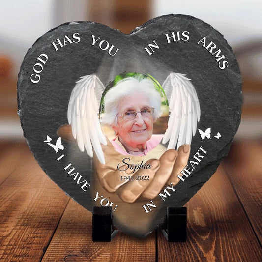 Personalized Heart Memorial Stone - God Has You In His Arms I Have You In My Heart - Custom Photo