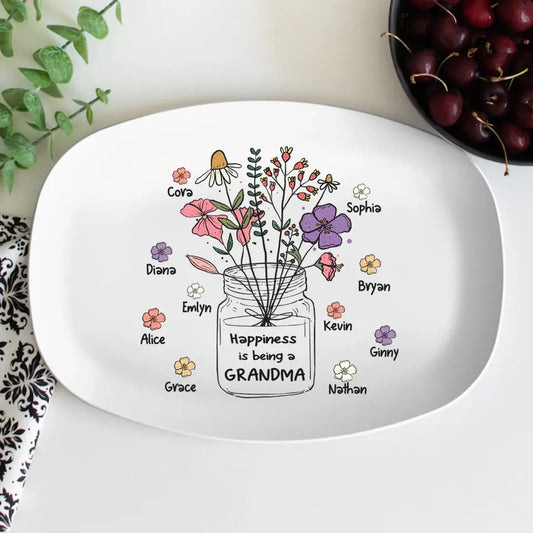 Happiness is being a Grandma - Custom Flower Art Personalized Platter - Gift For Mom,Grandma,Family