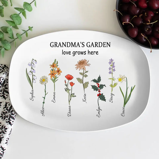Grandma's Garden Love Grows Here, Personalized Family Birth Flower Platter, Grandma Gift - Mothers Birthday Gift