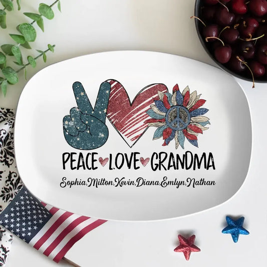 Peace Love Grandma, Personalized American Grandma Platters with Grandkids Name, Gift for Grandma Mom, Mother's Day Gift
