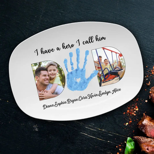 Custom Photo, Handprint Platter, Father's Day Gift, Personalized BBQ Grilling Plate, Custom Serving Platter For Dad
