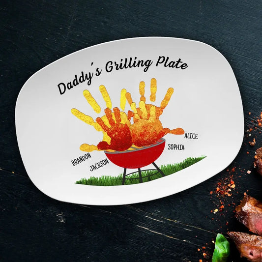 Daddy's Grilling Plate - Handprint Custom Grilling Plate, Personalized Platter for Father's Day, Gift for Dad from Kids, Handprint Plate for Daddy