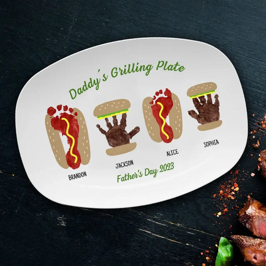 Burger Hot Dog Handprint Footprint Custom Plate, Personalized Gift for Father's Day, Gift for Dad from Kids