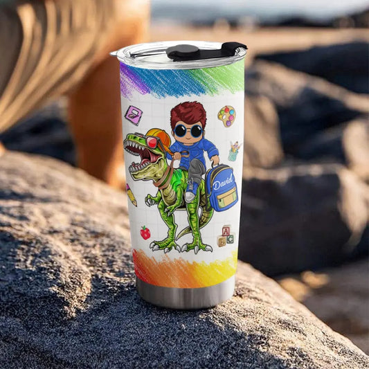 Personalized Roaring Into Kindergarten, Riding Dinosaurs Cool Back To School Tumbler Gift For Kids
