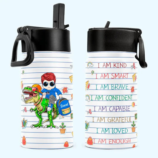 Personalized Roaring Into Kindergarten, Riding Dinosaurs Cool Back To School Kids Water Bottle With Straw Lid, Gift For Kids