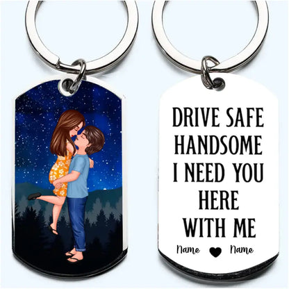 Drive Safe - Couple Kissing Under Stars Personalized Engraved Stainless Steel Keychain