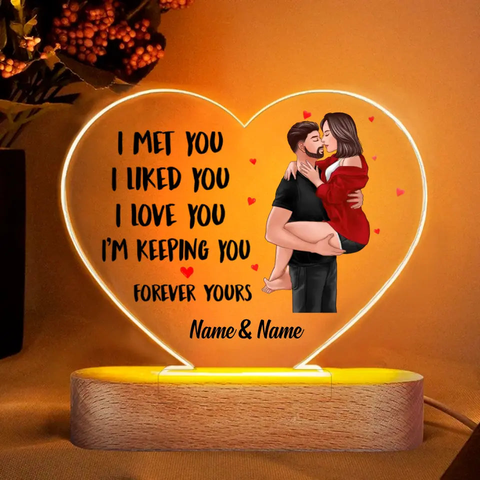 Man Holding Woman Kissing Gift For Him For Her Personalized Acrylic Heart Plaque With LED Night Light