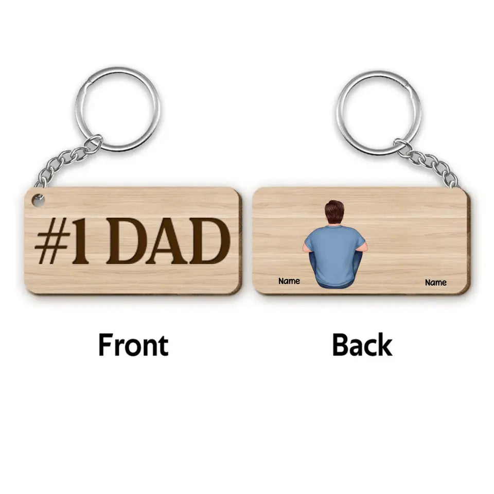 Best Dad Ever Back View Man Kids Dog Cat Personalized Wooden Keychain - Gift for Husband, Wife