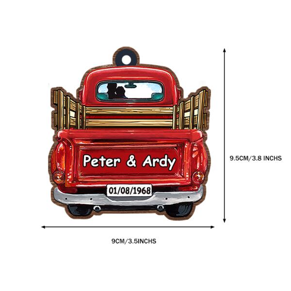 Personalized Couple Red Truck Name&Date Wooden Ornament