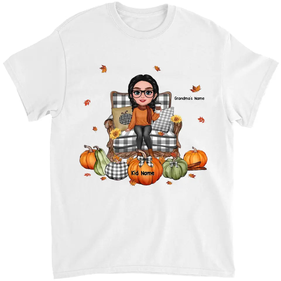 Grandma Sitting On Chair Pumpkins Personalized Shirt