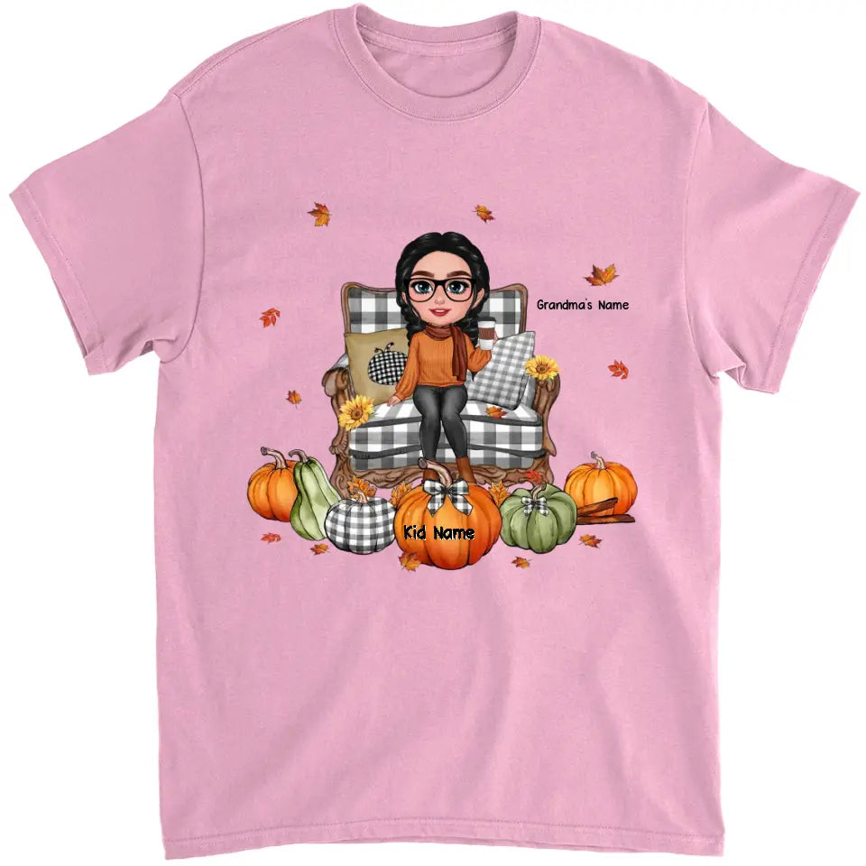 Grandma Sitting On Chair Pumpkins Personalized Shirt