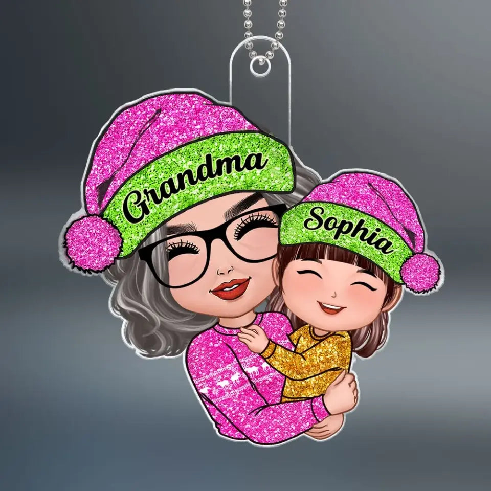 Grandma Hugging Grandkids Pink Sparkling Pattern Personalized Acrylic Ornament