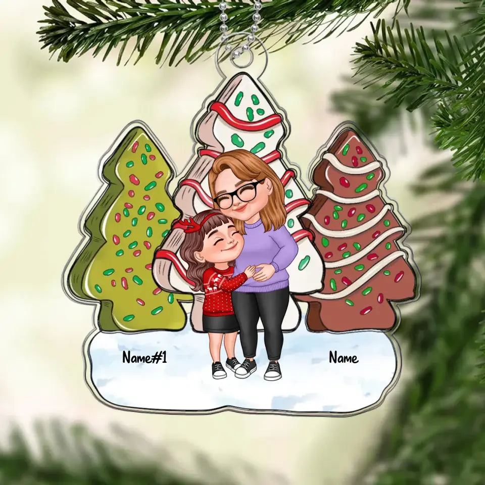 Christmas Tree Cake Patterned Cartoon Grandma & Grandkids Hugging Personalized Acrylic Ornament