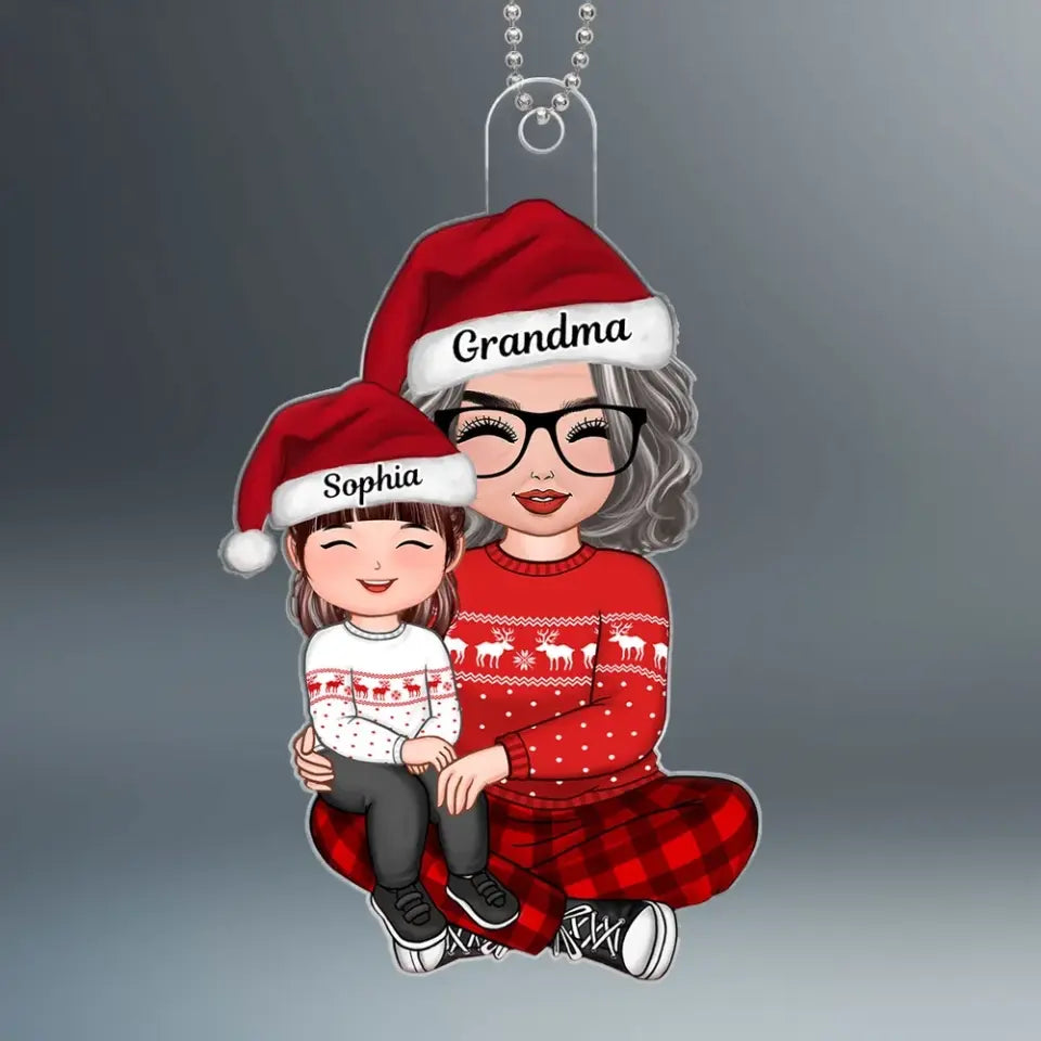 Happy Face Doll Grandkid Sitting On Grandma Lap Christmas Gift For Granddaughter Grandson Personalized Acrylic Ornament