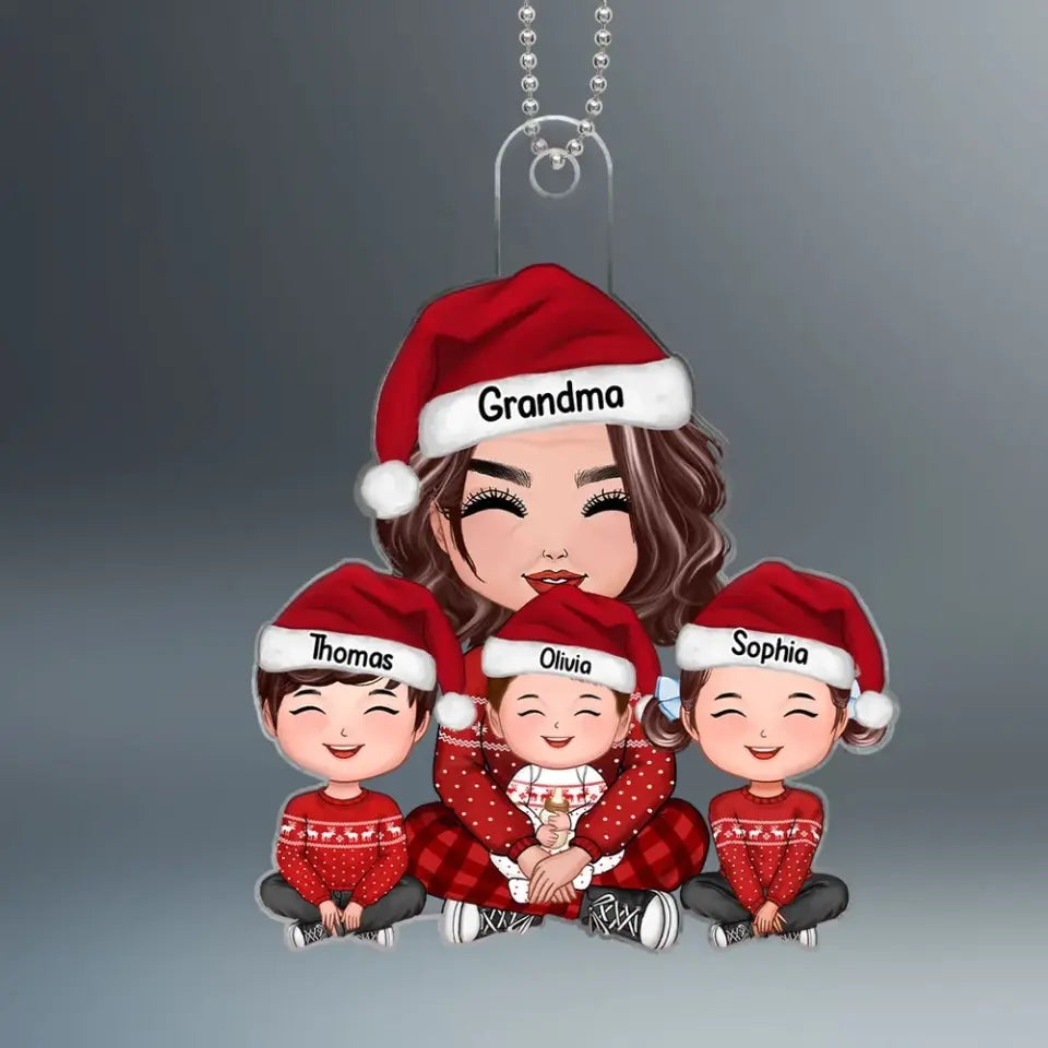 Grandma & Grandkids Sitting Happy Face Crossed Legs Personalized Acrylic Ornament
