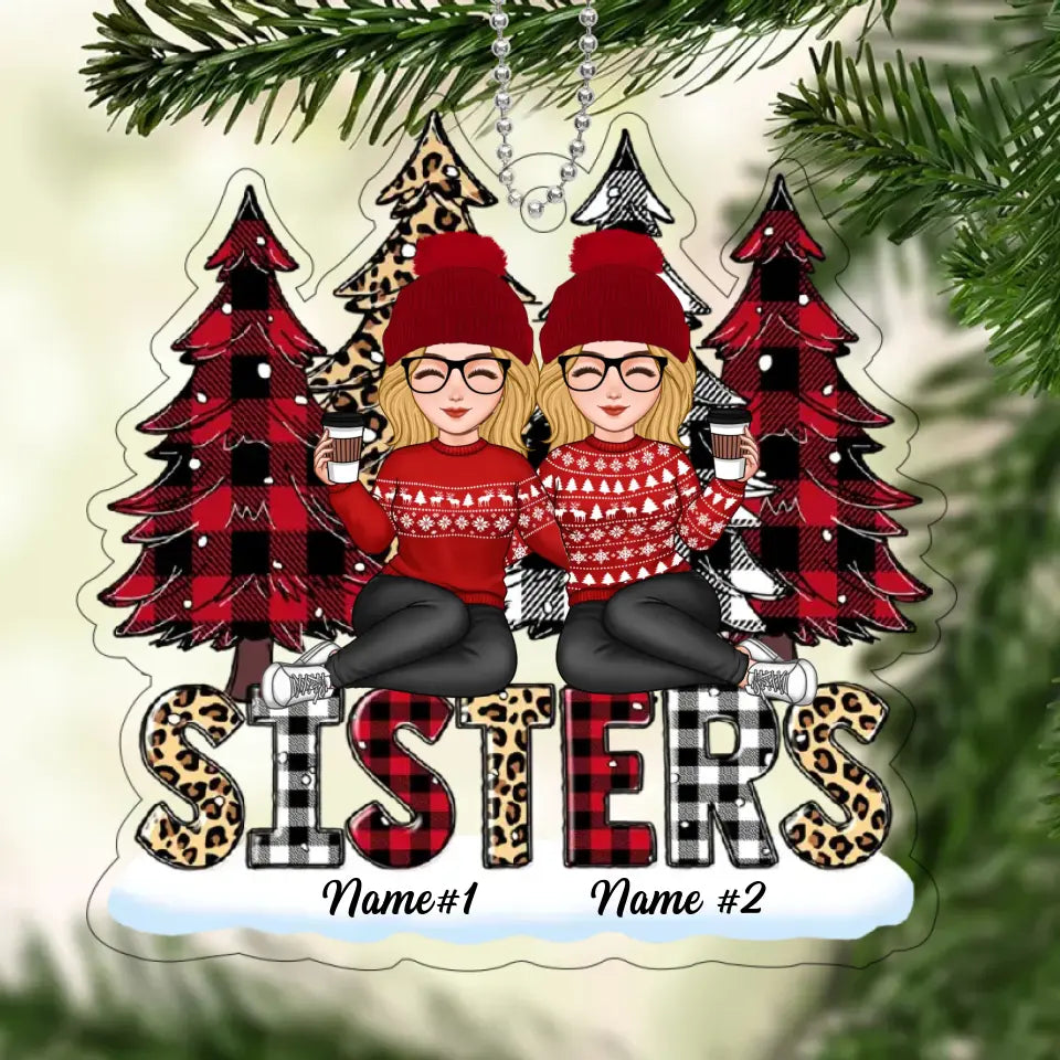 Leopard Checkered Pattern Christmas Trees Cute Besties Sisters Sitting Together Christmas Gift Personalized Acrylic Ornament