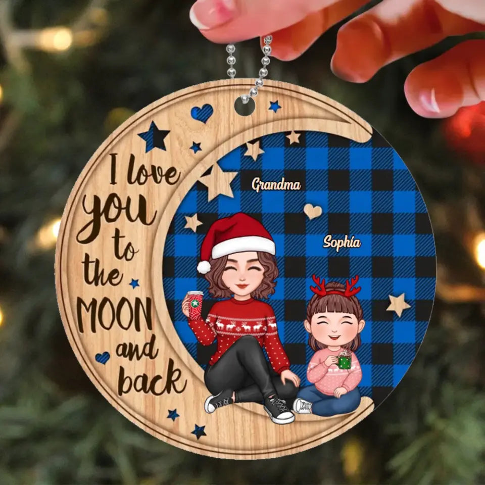 Checkered Pattern Doll Grandma & Grandkid On Moon Personalized Wooden Ornament